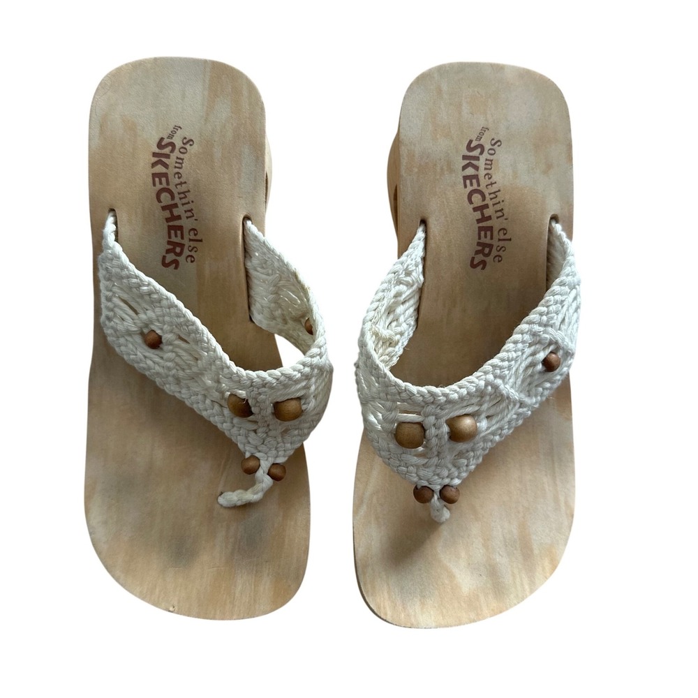 Somethin' Else from Skechers Wooden Platform Crochet Bead Sandals Womens Cream